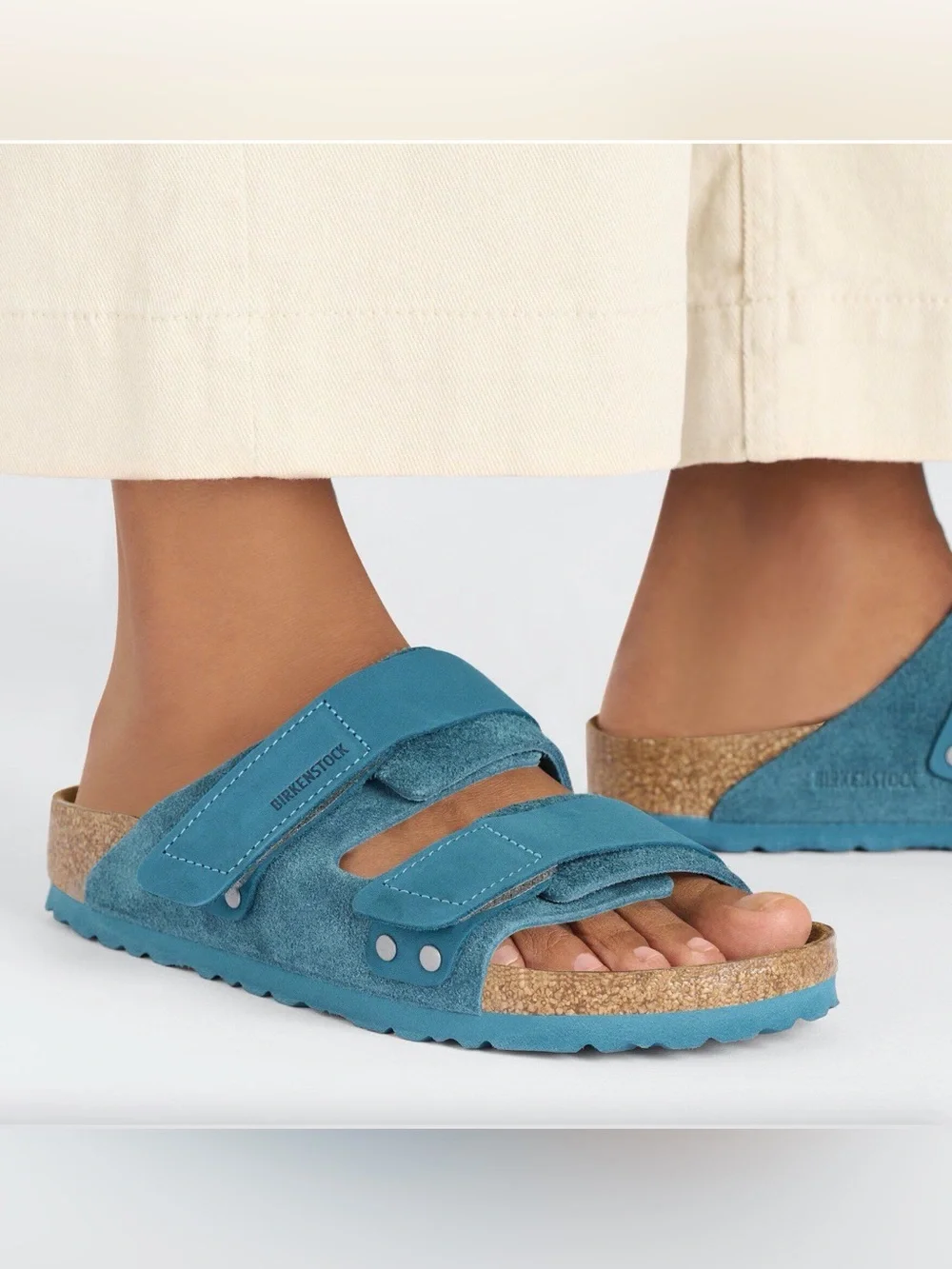 Birkenstock  Double-Strap Nubuck-Suede Deep Turquoise Leather Slide Sandals